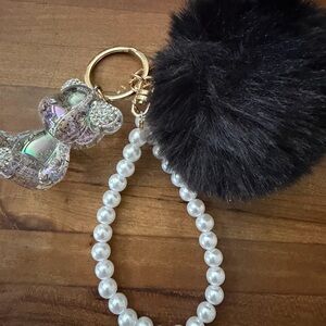 Black and White Keychain with Bear Charm